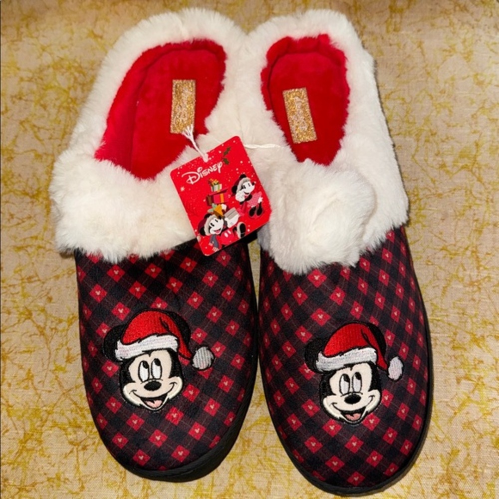 Disney Mickey Mouse Plush Holiday Mens Red & Black Faux Fur XMas House Slippers